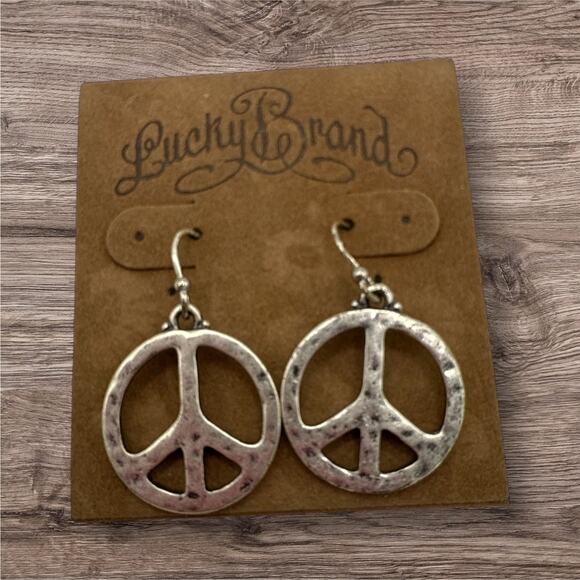 Lucky Brand Jewelry - Lucky Brand Silver Tone Hammered Peace Sign Dangle Earrings